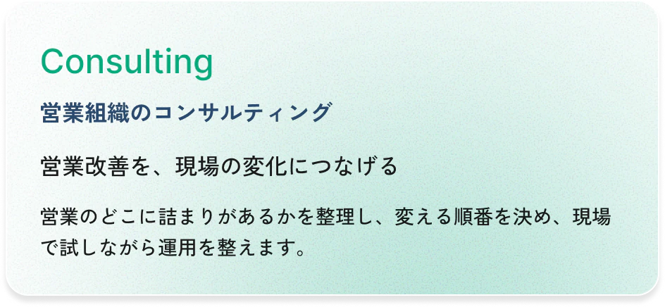 Consulting（営業組織のコンサルティング）：営業改善を、現場の変化につなげる。営業のどこに詰まりがあるかを整理し、変える順番を決め、現場で試しながら運用を整えます。
