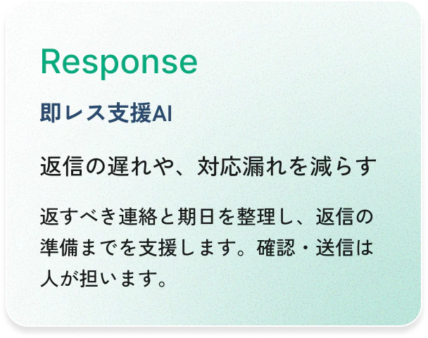 Response（即レス支援AI）：返信の遅れや、対応漏れを減らす。返すべき連絡と期日を整理し、返信の準備までを支援します。確認・送信は人が担います。